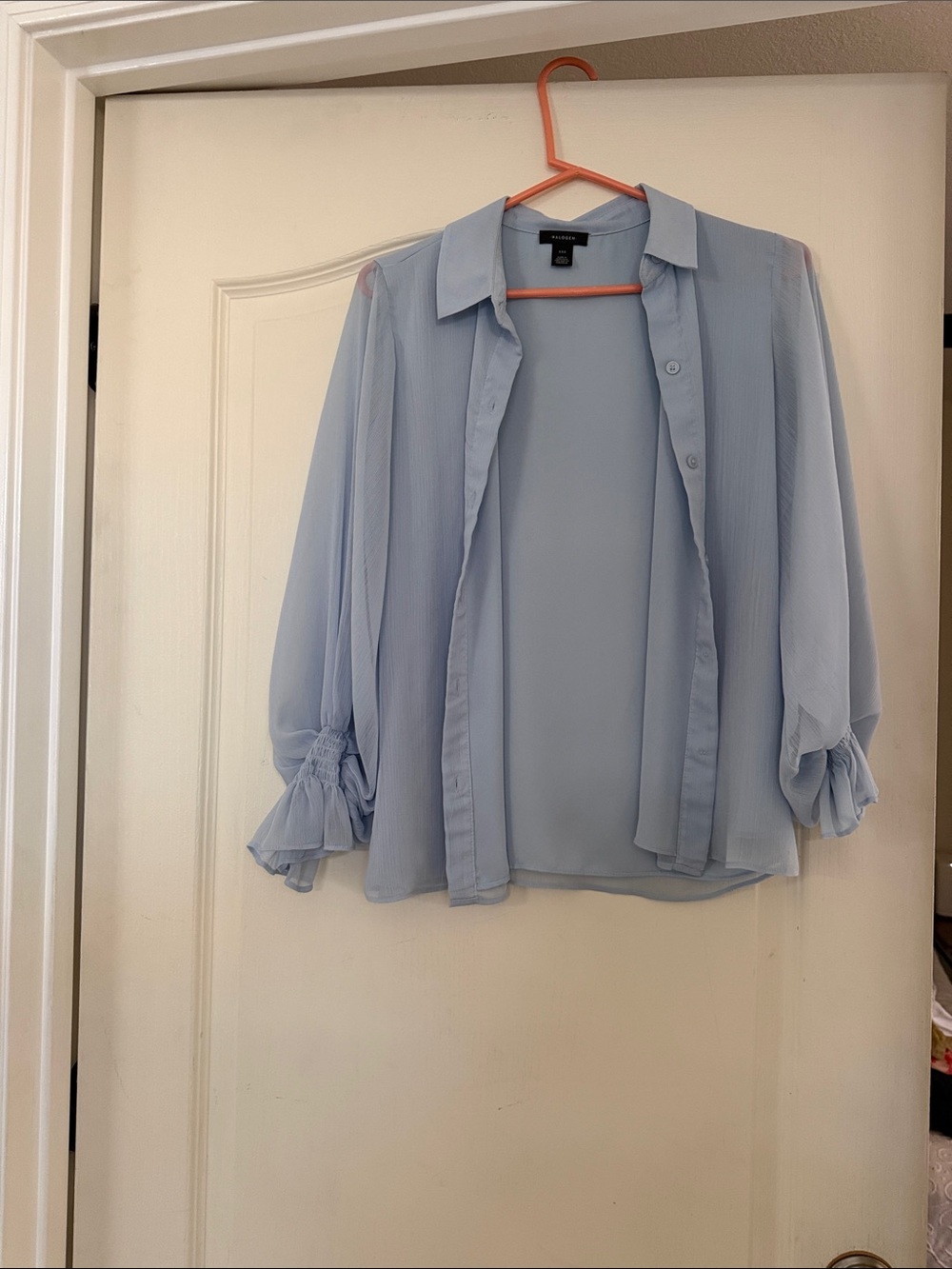Halogen Pale Blue Sheer Button-Front Blouse with Ruched Bell Sleeves